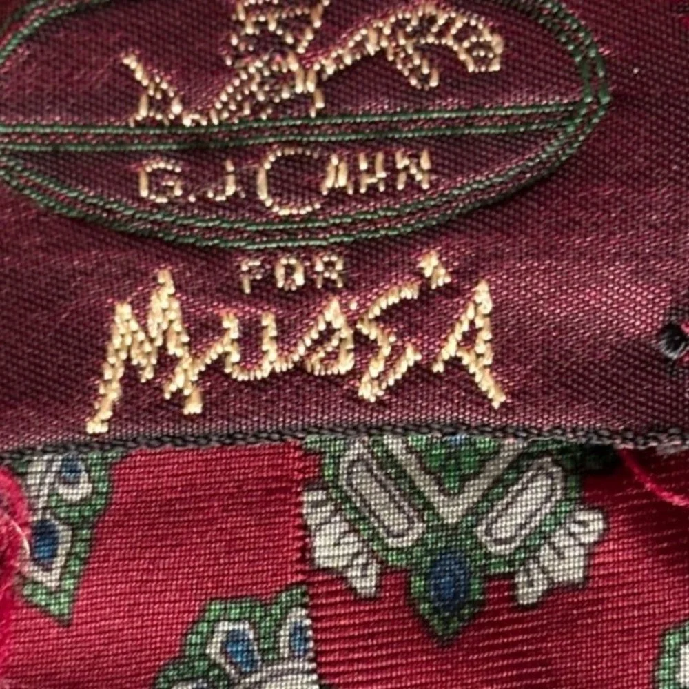 GJCAHN for Muse's silk mens necktie‎ red green paisley vtg 80s handmade USA